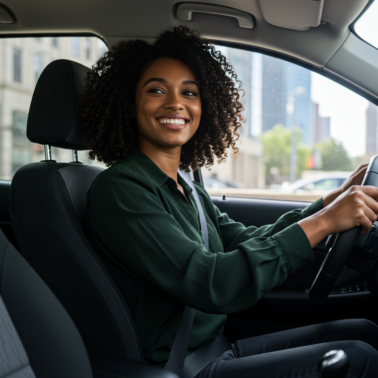 A calm and focused young woman driving comfortably, using the Fidget Steer Grip for driving anxiety relief.